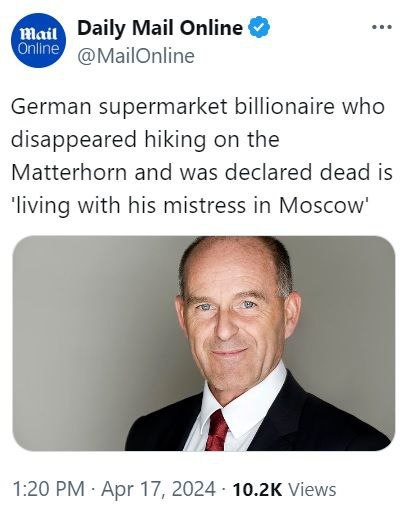 Německý miliardář, který se před 6 lety ztratil ve švýcarských Alpách a byl považován za...